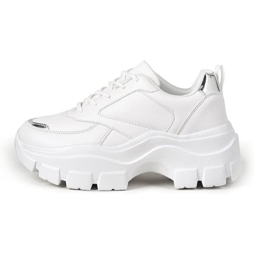 🆕 Women Silver Chunky Platform Sneakers Lace-Up Casual Fashion Walking Shoes